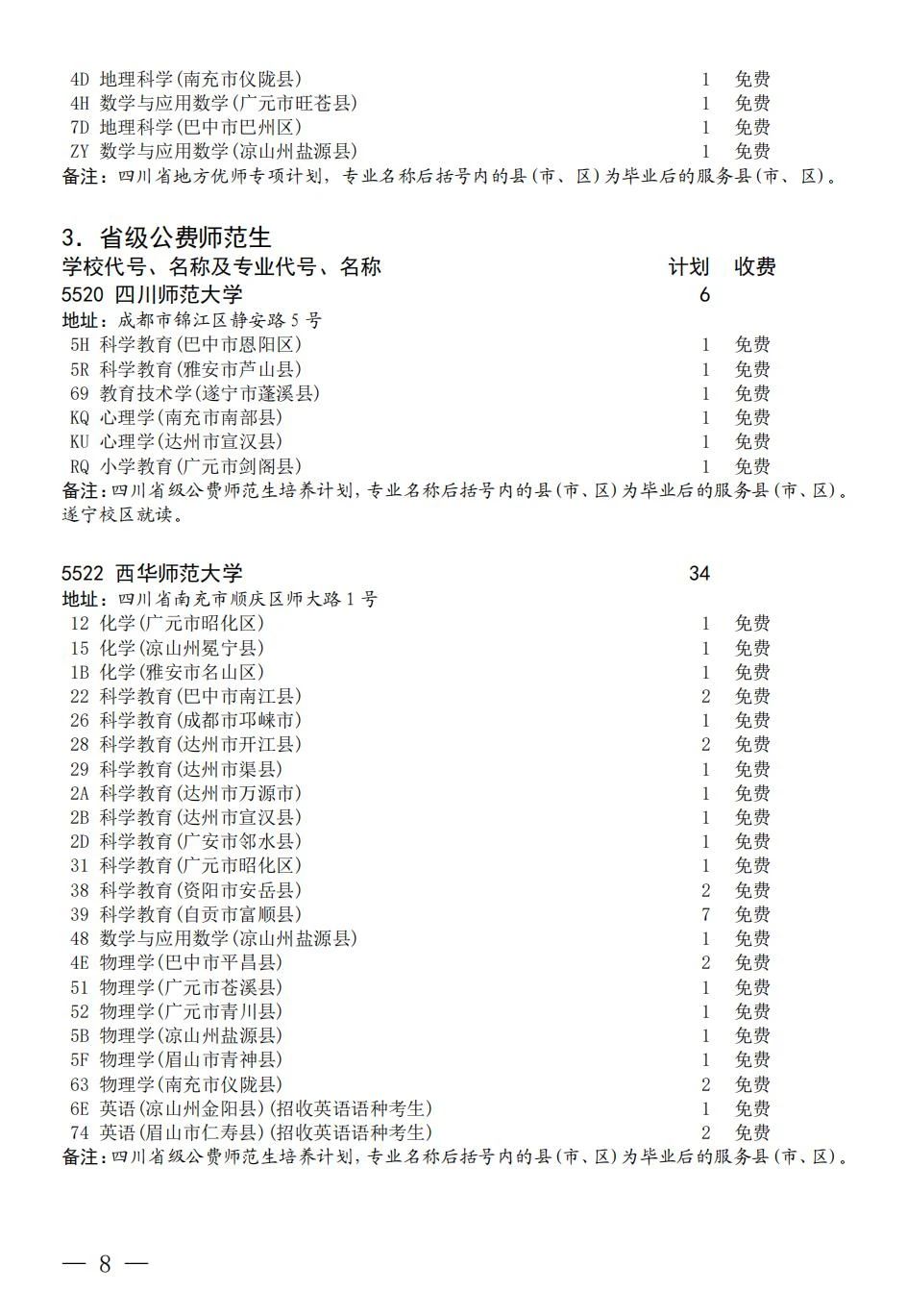 四川省关于乡村振兴专项、地方优师专项和省级公费师范生未完成计划院校征集志愿的通知