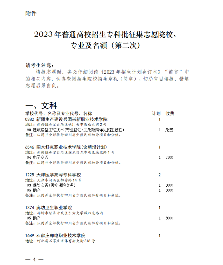 四川省2023年专科批第二次征集志愿的通知（文科）