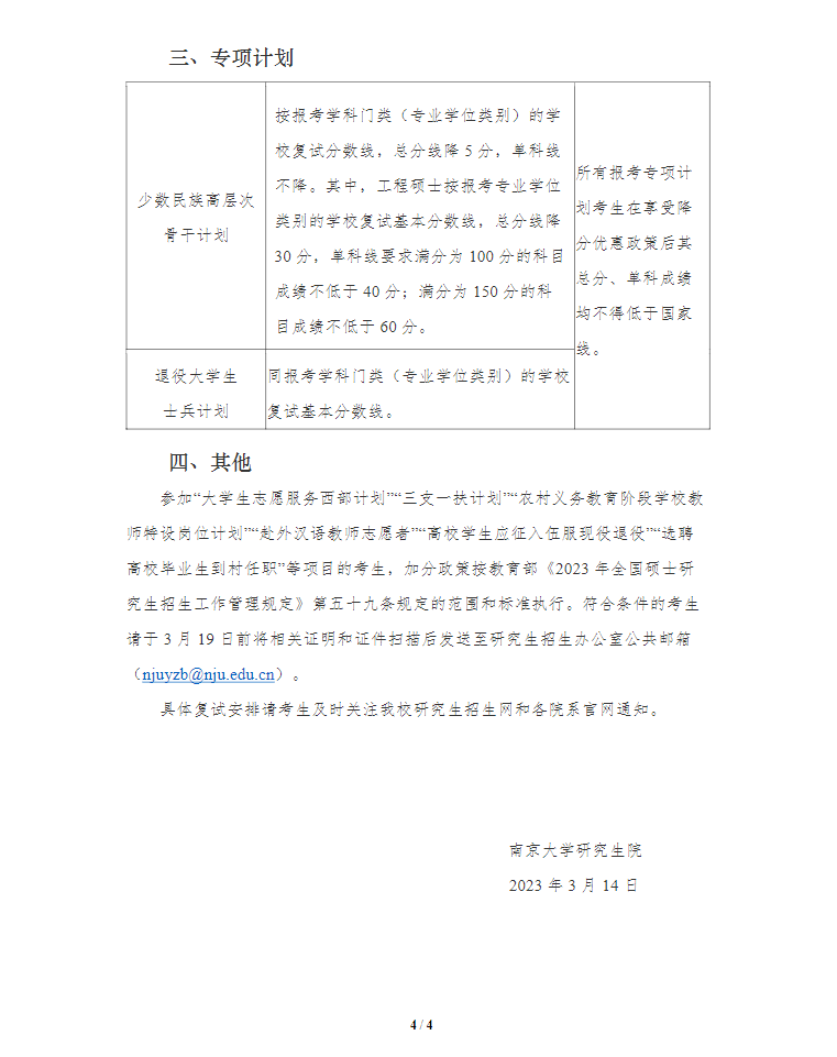 南京大学 2023年考研复试分数线公布（专项计划）