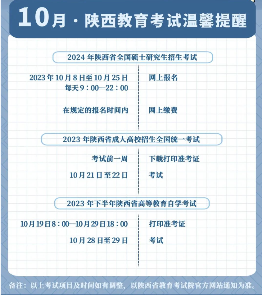 2023年10月份——陕西教育考试日历