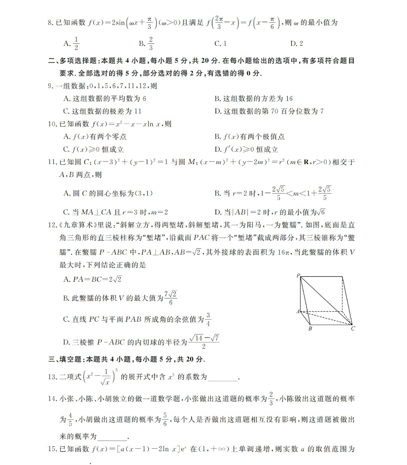 2024届高三数学适应性考试试卷及解析（新高考）