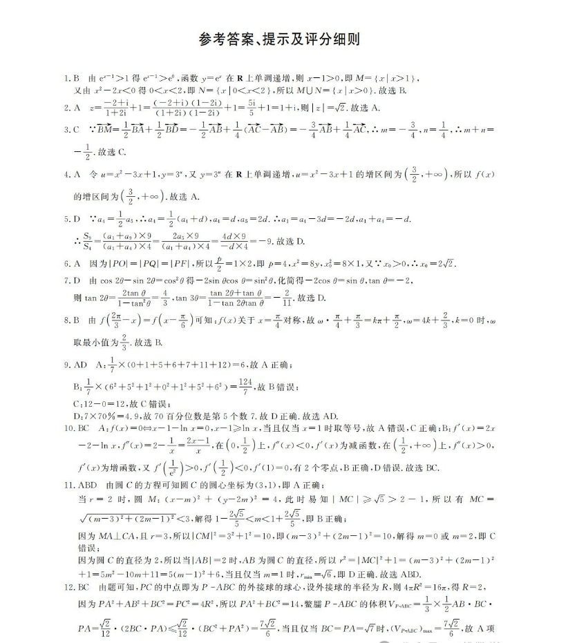 2024届高三数学适应性考试试卷及解析（新高考）