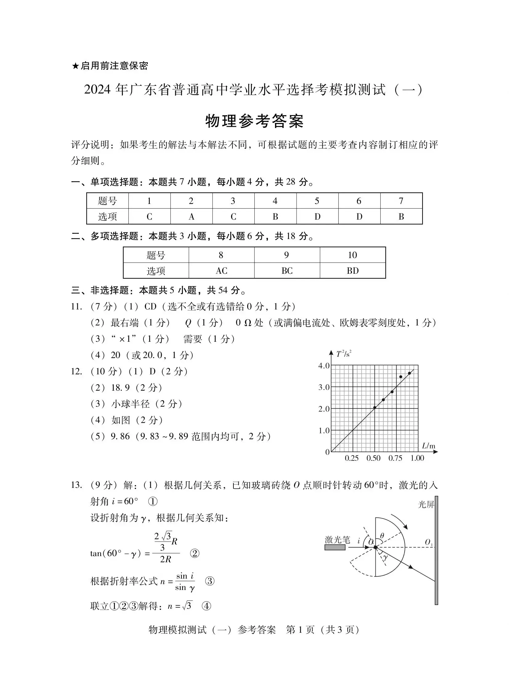 2024广东一模各科试卷及答案汇总（物理）