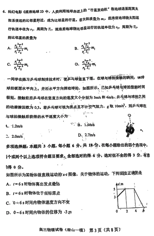 2024河北唐山一模试卷及答案汇总（语文、数学、物理、历史、英语）