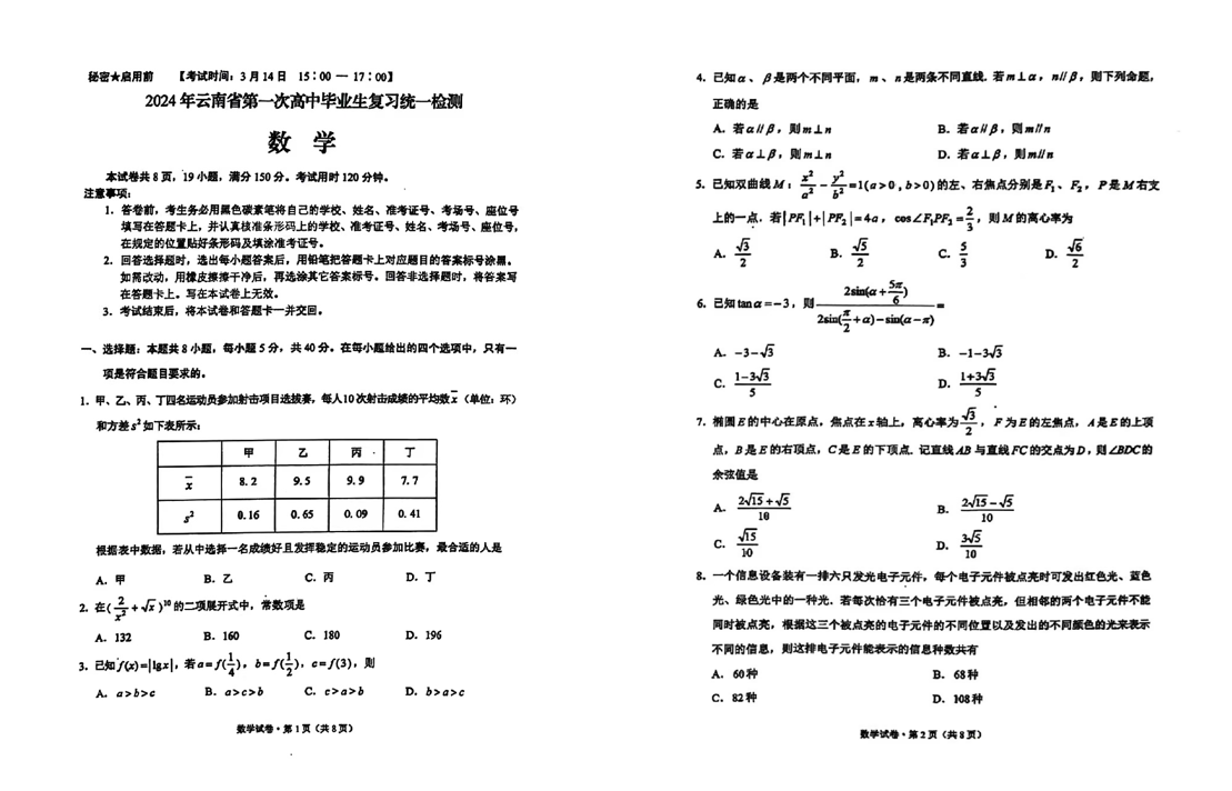 2024云南省高三第一次统测试卷及答案汇总（数学、英语、理综/文综）