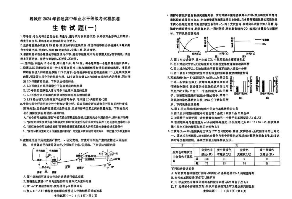 2024聊城一模各科试卷及答案汇总（数学、历史、政治、化学、生物、地理）