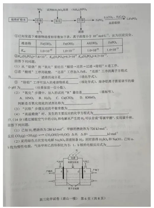 2024河北唐山一模试卷及答案汇总（化学、生物、政治、地理）