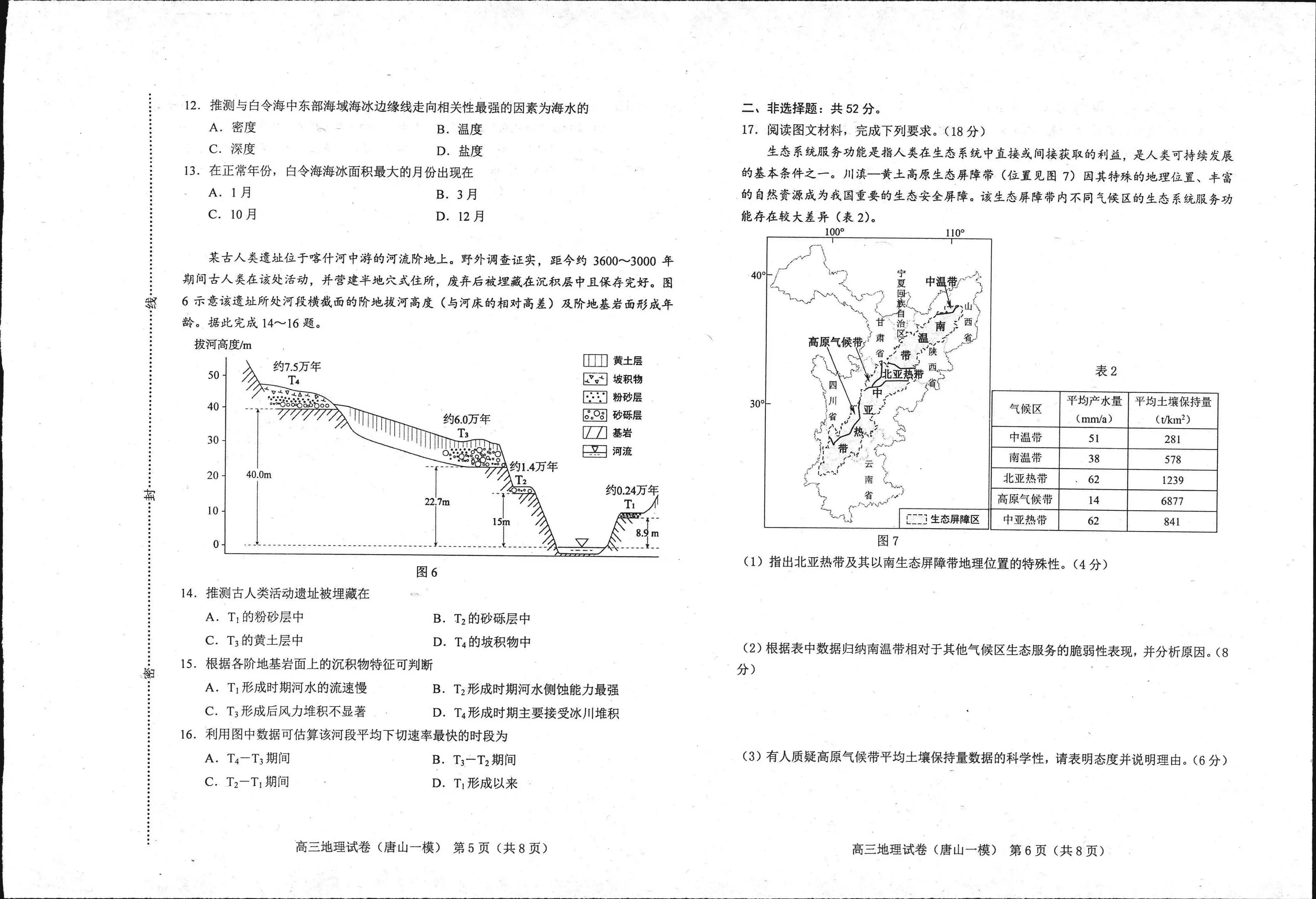 2024河北唐山一模试卷及答案汇总（化学、生物、政治、地理）