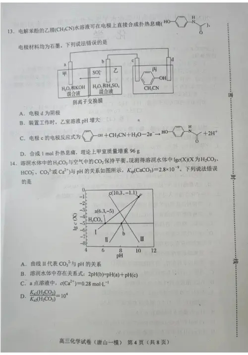 2024河北唐山一模试卷及答案汇总（化学、生物、政治、地理）