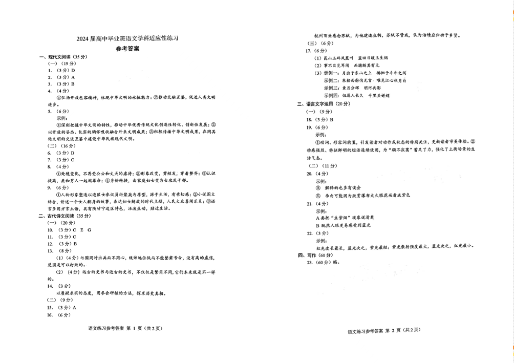 2024福建高三质检试卷及答案汇总（语文）