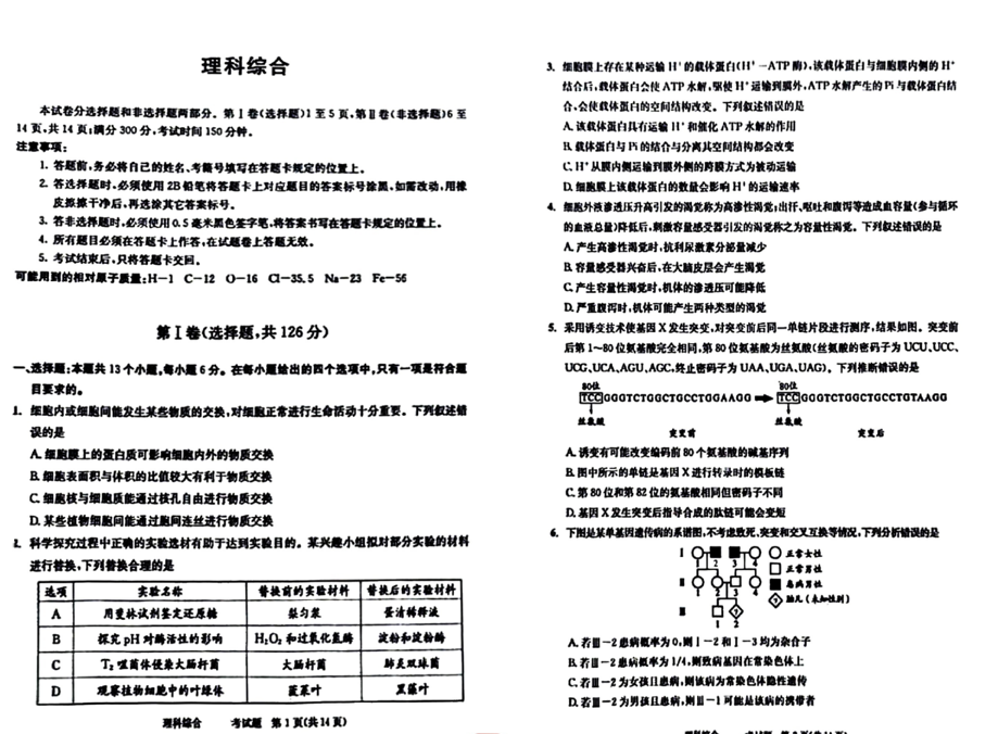 2024年成都二诊理综试卷及答案解析