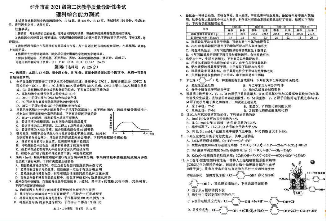 2024四川泸州二诊各科试卷及答案汇总（语文、数学、英语、文综、理综）