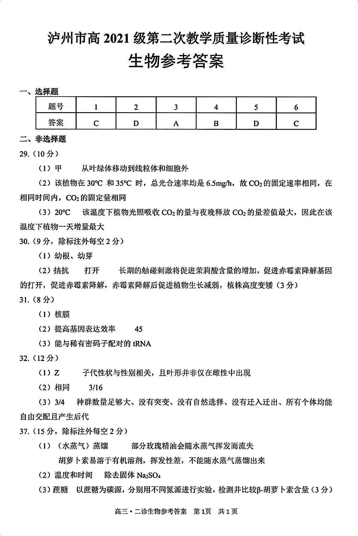 2024四川泸州二诊各科试卷及答案汇总（语文、数学、英语、文综、理综）