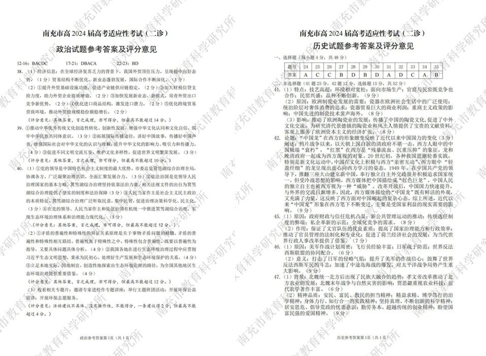 2024年南充二诊试卷及答案解析汇总（语文、数学、理综、文综、英语）