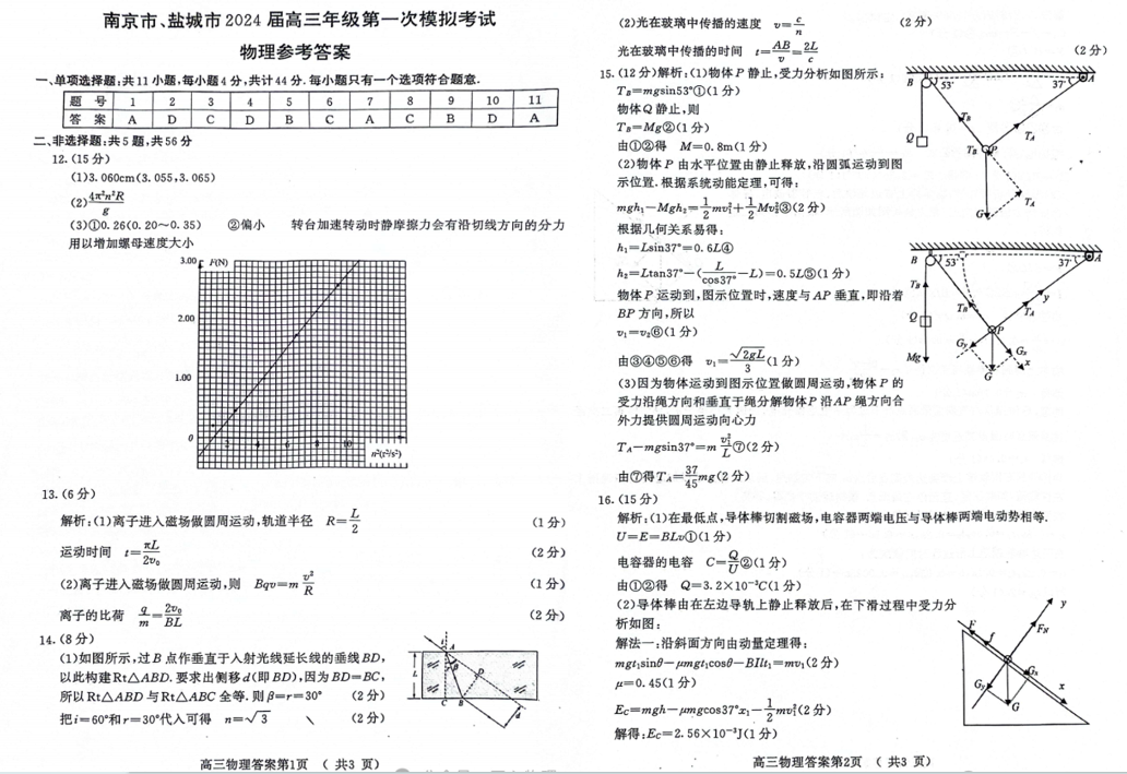 2024江苏南京一模试卷及答案汇总（语文、化学、数学等九科全）