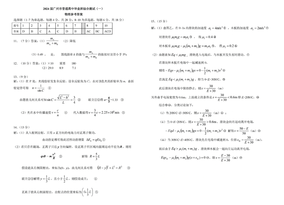 2024广州一模试卷及答案汇总（英语、物理、化学、生物、政治、历史、地理）