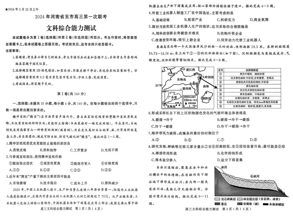 2024年河南五市高三第一次联考文综试题及答案