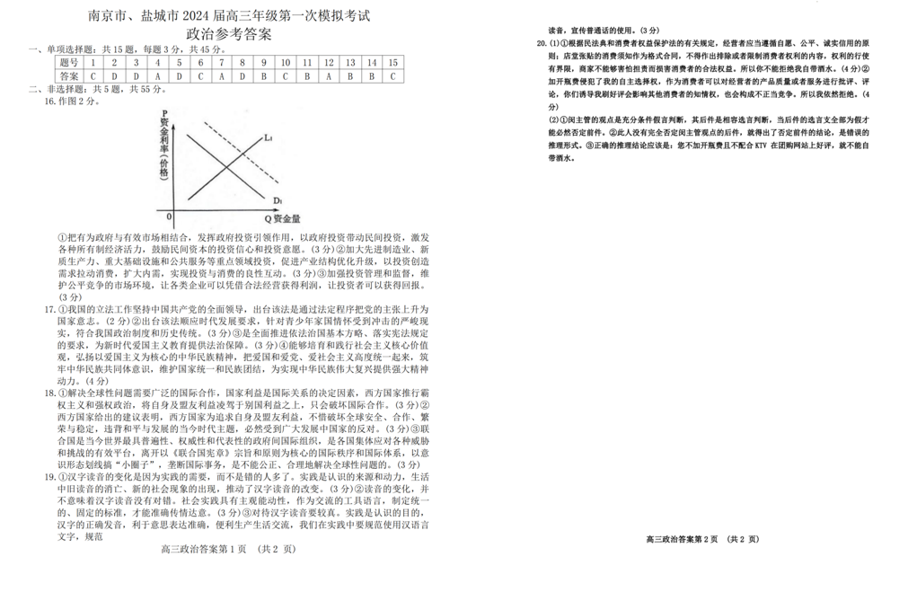 2024江苏南京一模试卷及答案汇总（语文、化学、数学等九科全）