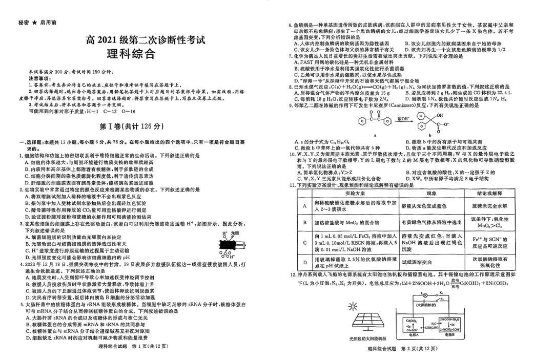 2024年四川九市二诊理综试卷及答案