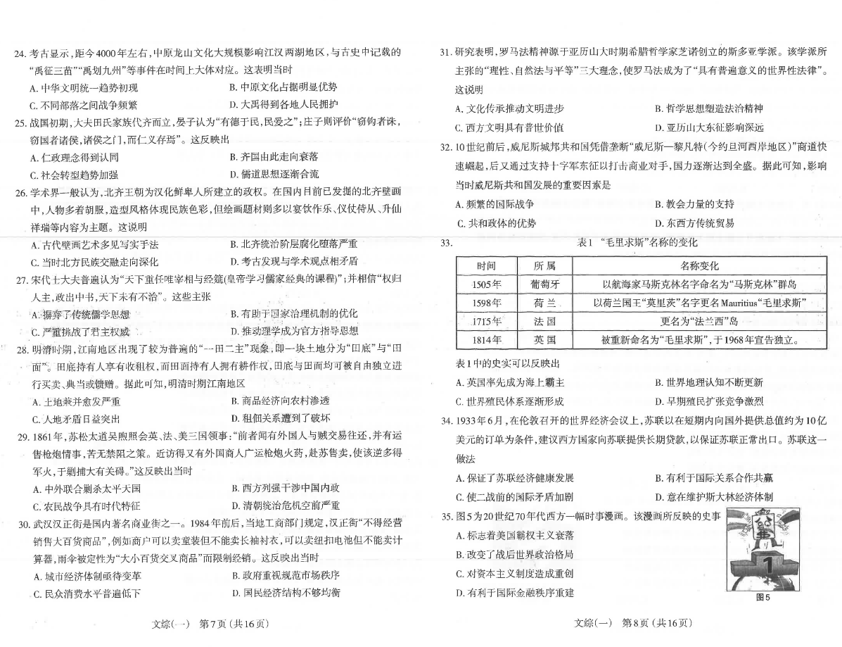 2024山西太原一模各科试卷及答案汇总（文综、理综）