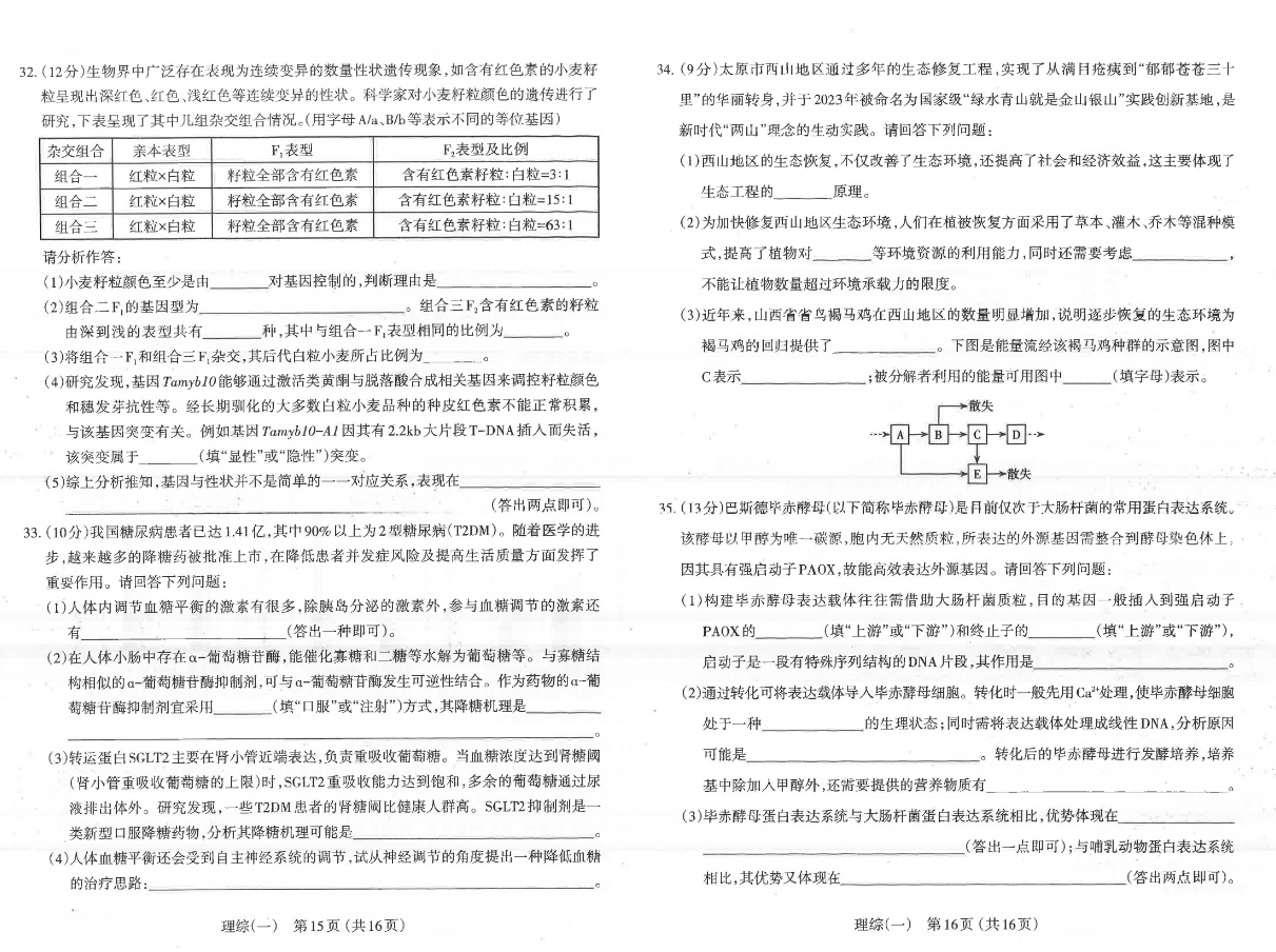 2024山西太原一模各科试卷及答案汇总（文综、理综）