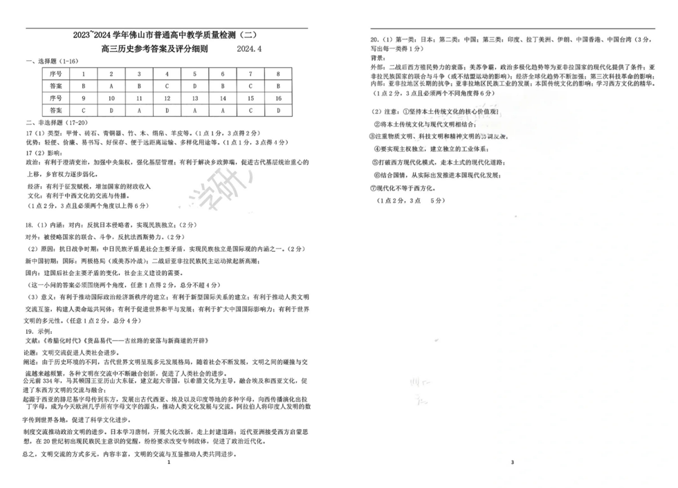 2024年佛山二模各科试卷及答案汇总（九科全）