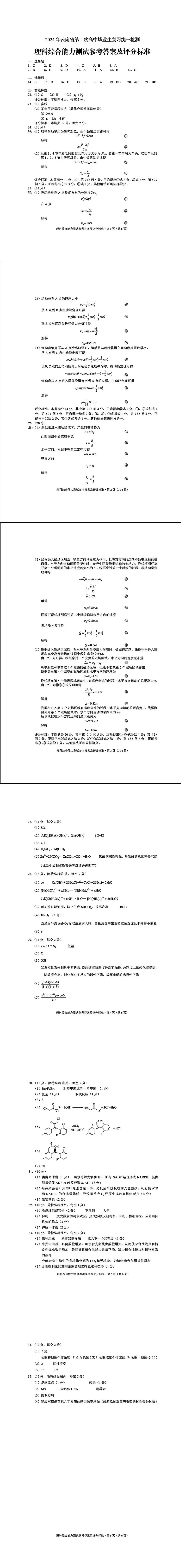 2024云南省高三第二次省统测试卷及答案（全科）