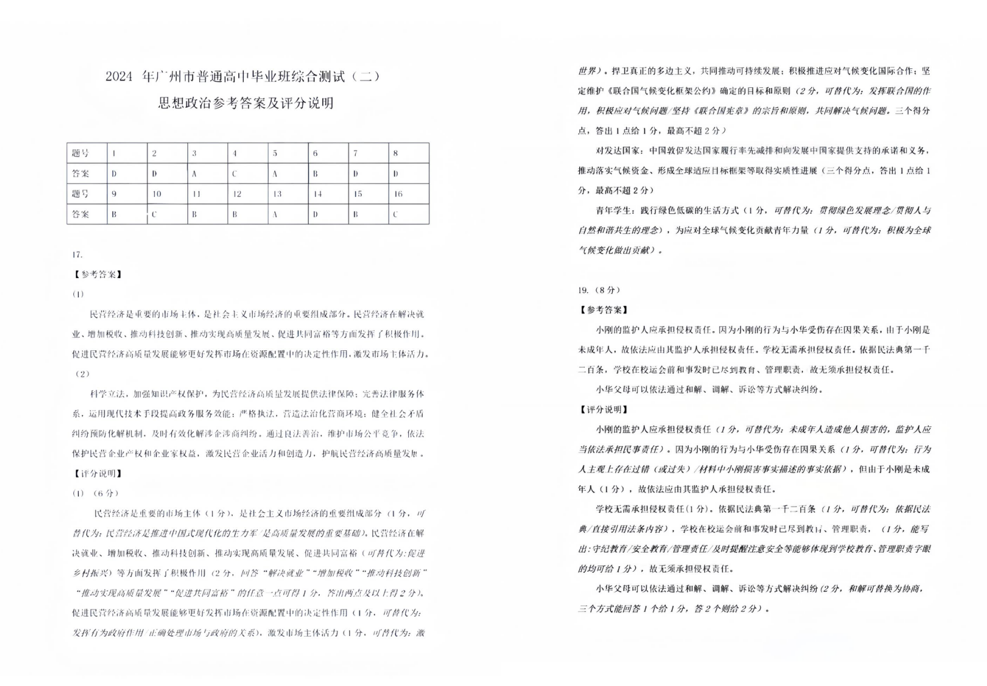 2024年广州市高三二模各科试卷及答案汇总（九科全）