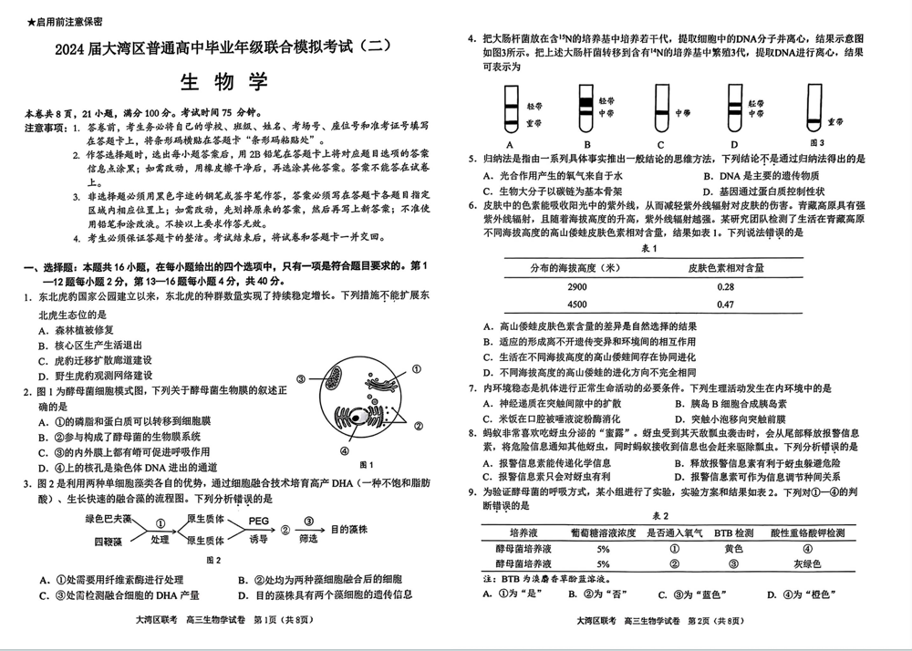 2024广东大湾区高三二模试卷及答案汇总（九科全）