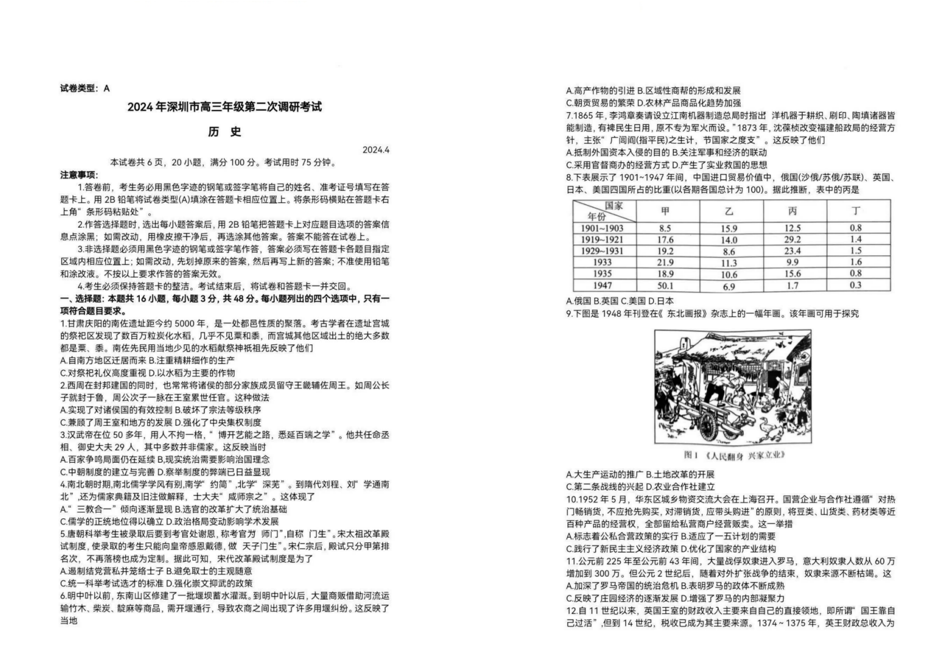 2024年深圳高三二模各科试卷及答案汇总（九科全）