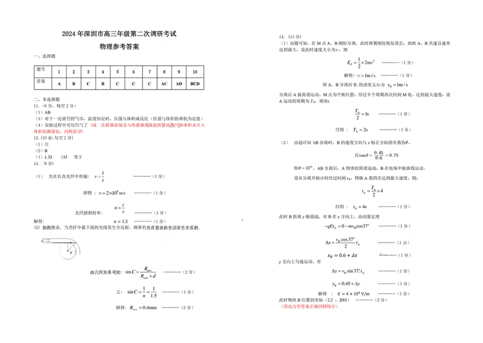 2024年深圳高三二模各科试卷及答案汇总（九科全）