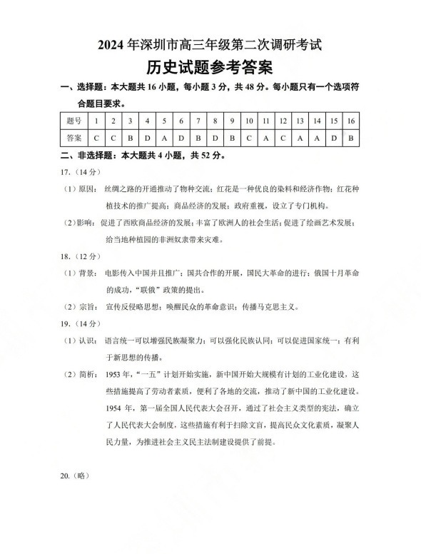 2024年深圳高三二模各科试卷及答案汇总（九科全）