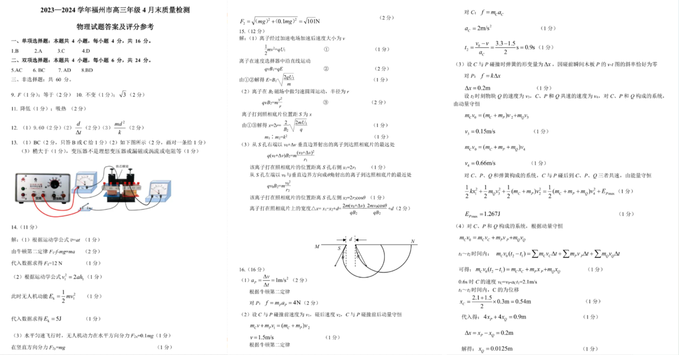 2024福建福州高三4月末质检各科试卷及答案汇总（九科全）