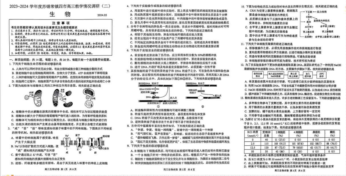 苏锡常镇2024二模各科试卷及答案汇总（附真题解析）