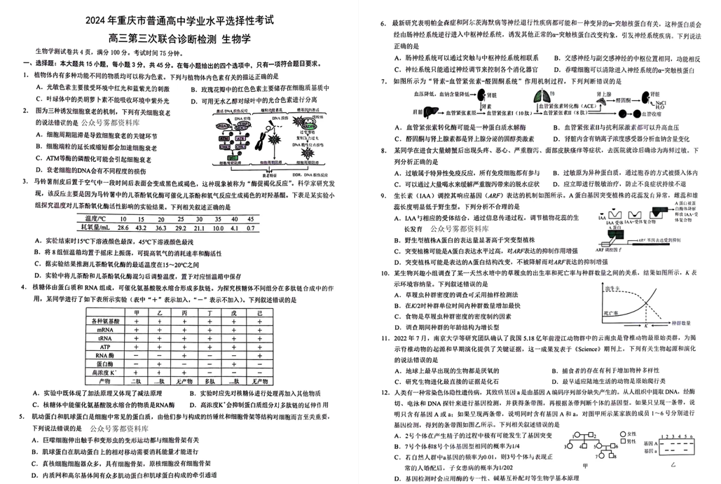 2024年重庆三诊康德卷各科试卷及答案汇总（附真题解析）