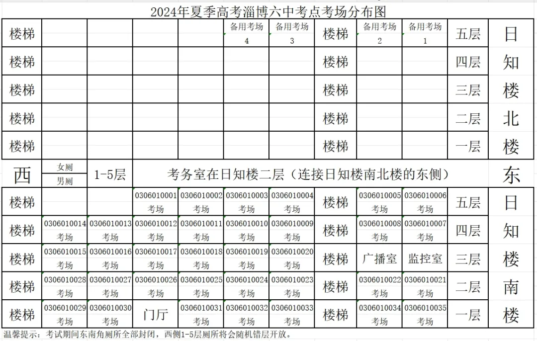 山东省淄博市2024年夏季高考考点考场分布图