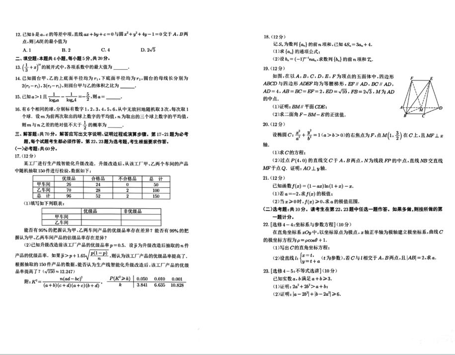 2024年宁夏高考各科试卷及答案（含语数英文理综）