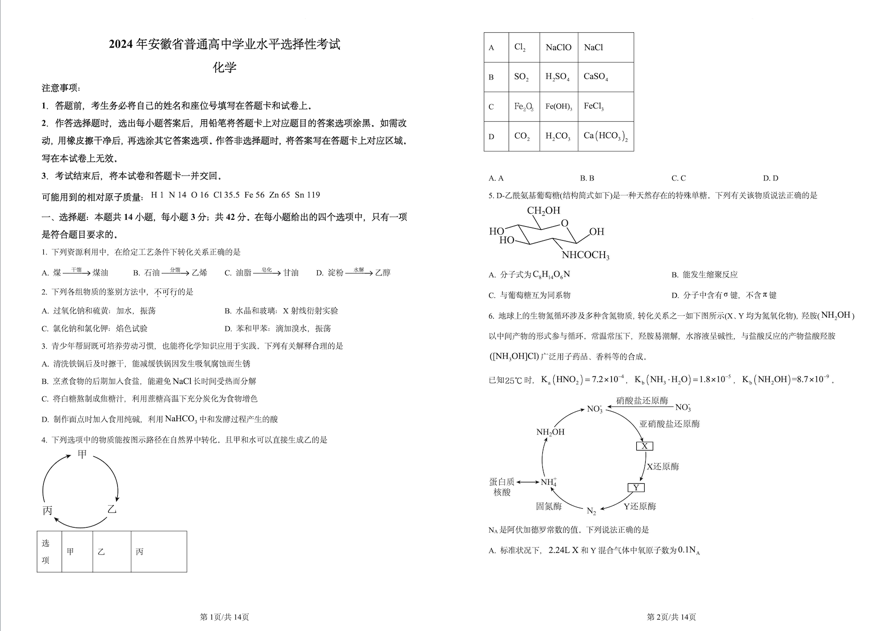 2024年安徽高考化学试题及答案解析