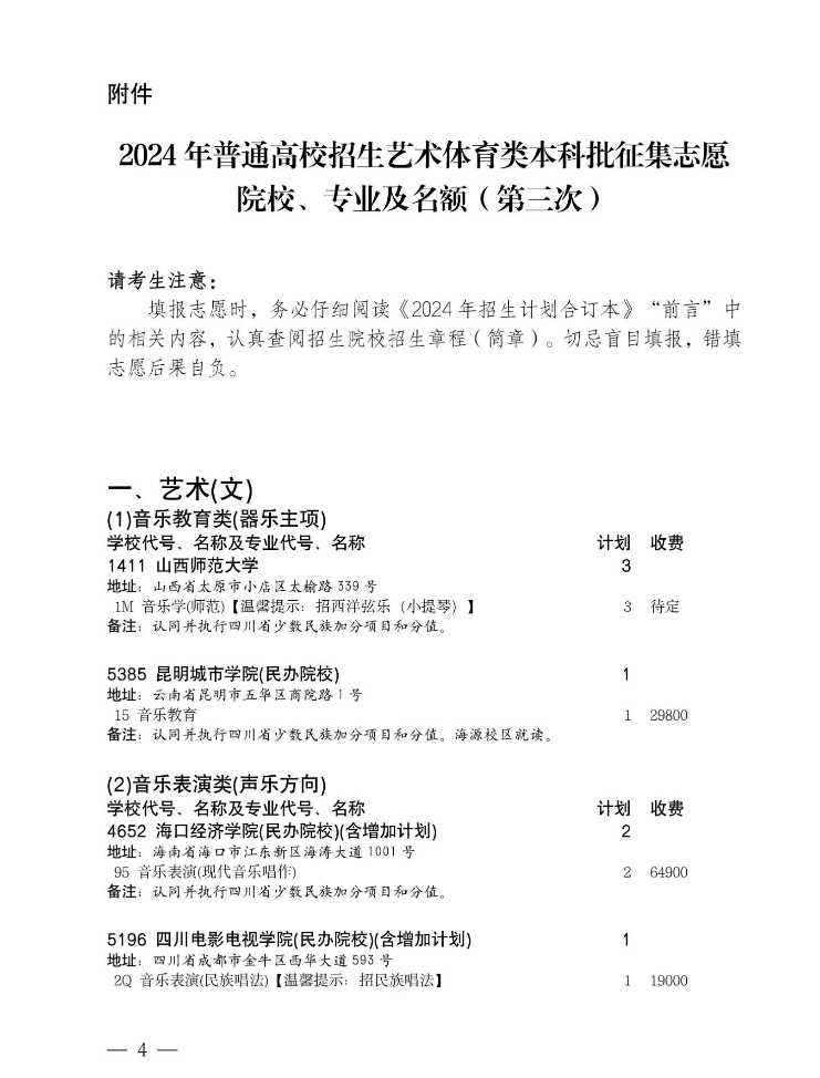 四川省2024年艺术体育类本科批未完成计划院校第三次征集志愿的通知